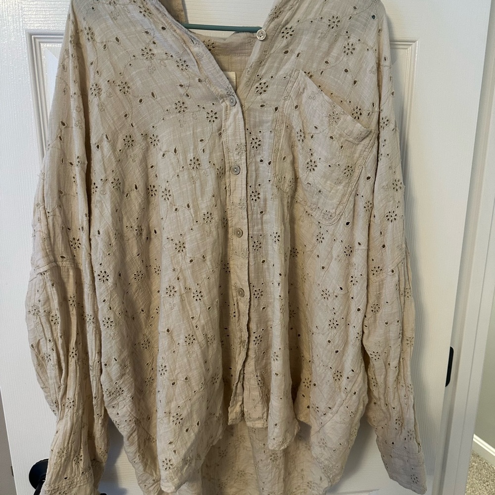 American Eagle Outfitters Beige Eyelet Button-Down Shirt